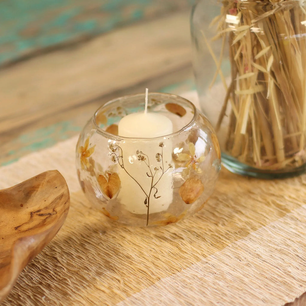  Pamperandpost Natural Floral Glass - Large Bowl Candle Holder - Rosa - (12x13cm) Natural Floral Glass Candle Holders