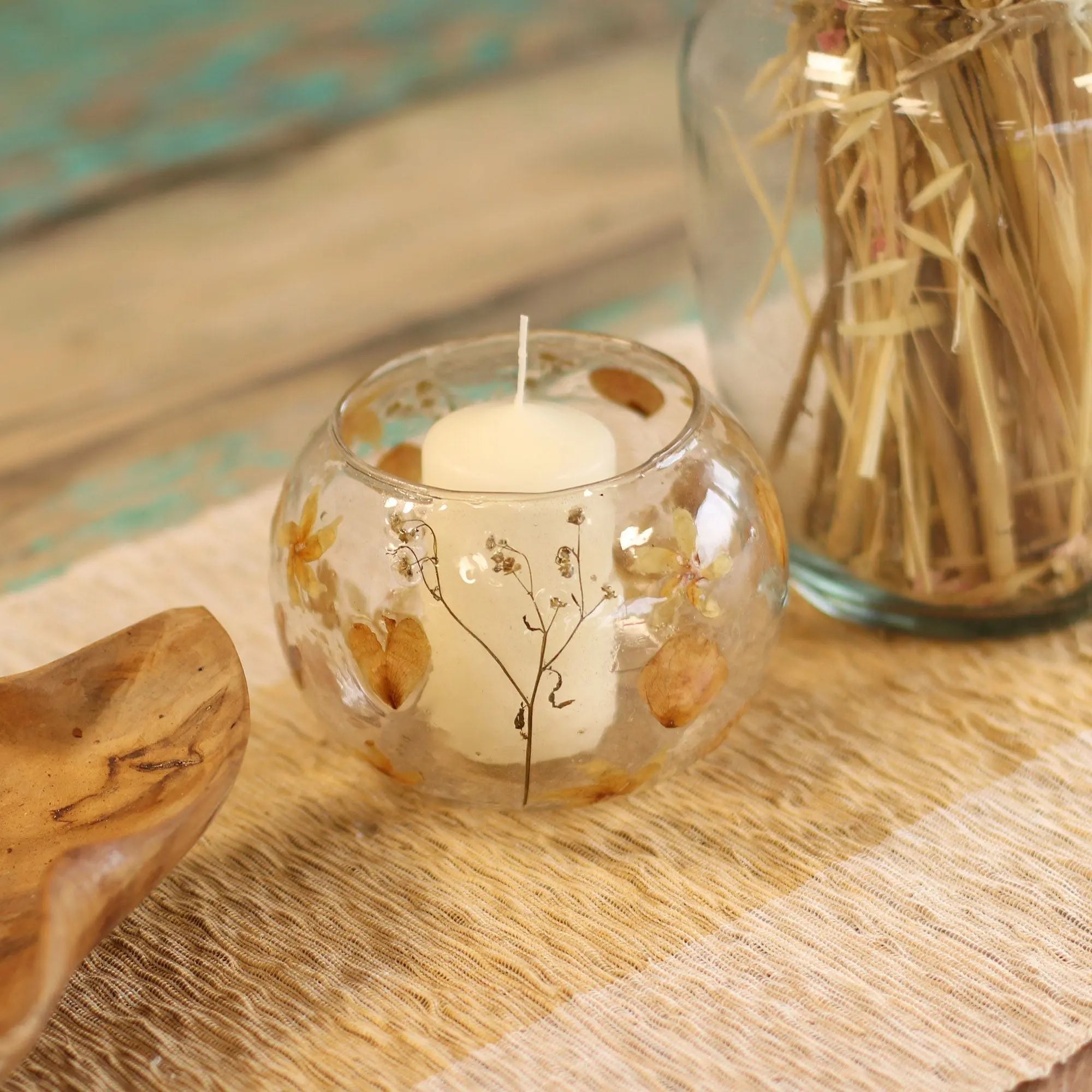  Pamperandpost Natural Floral Glass - Large Bowl Candle Holder - Rosa - (12x13cm) Natural Floral Glass Candle Holders