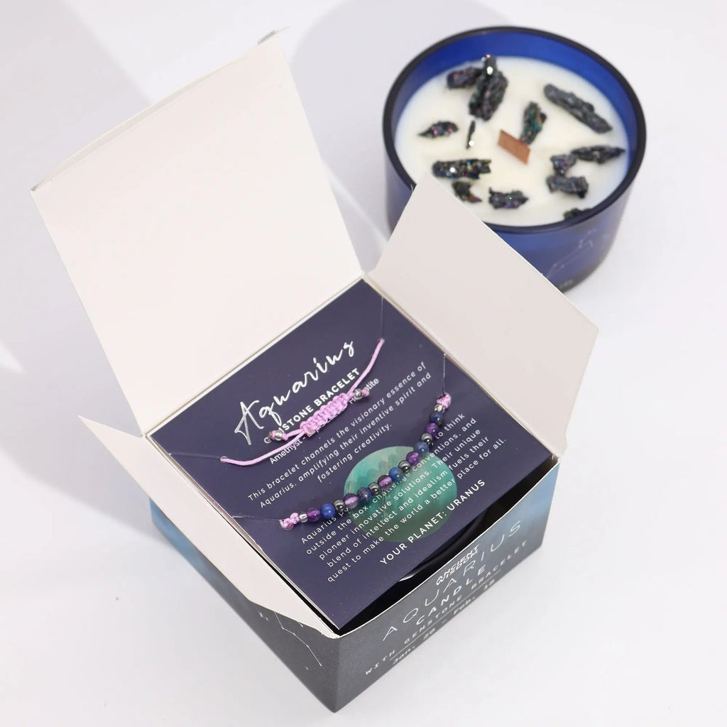 Zodiac Crystal Candle with Gemstone Bracelet - Aquarious AW Dropship UK