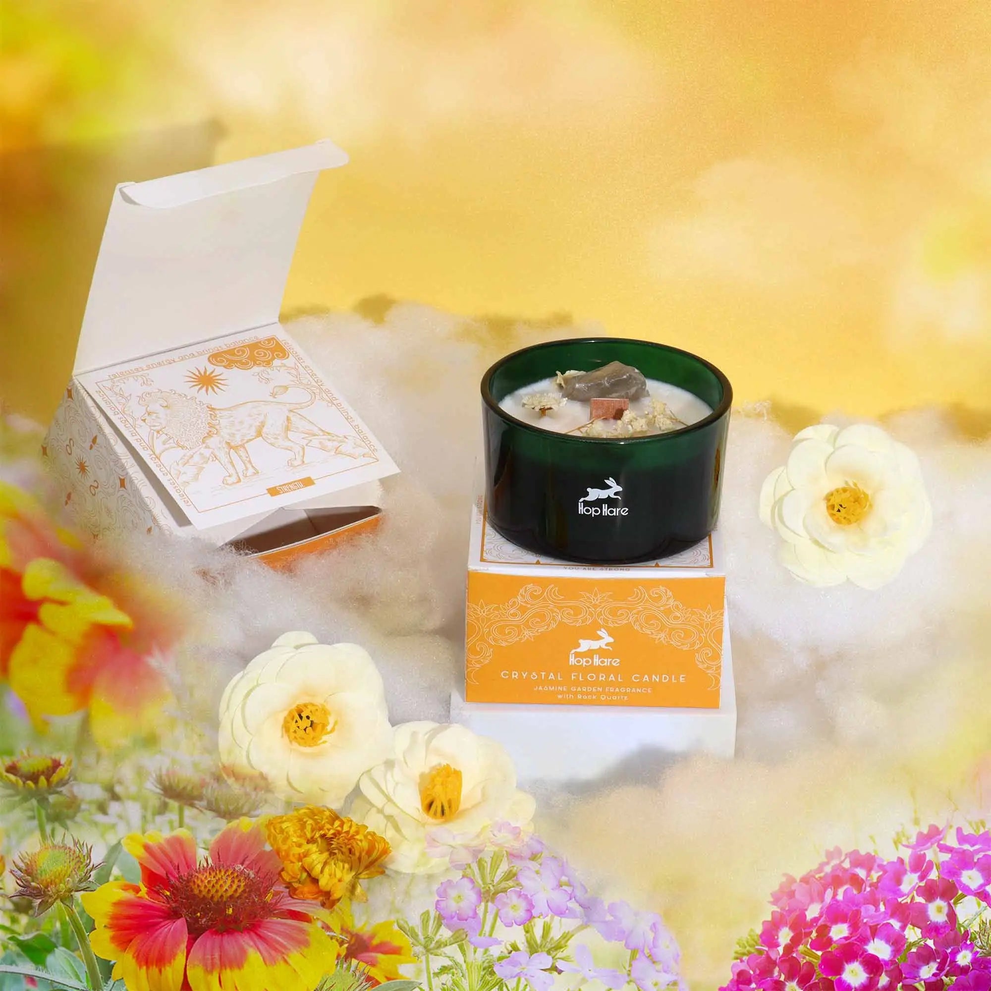  Pamperandpost The Lion Crystal Magic Candle - Clear Quartz & Jasmine Garden with Tarot Card Hop Hare Crystal Magic Flower Candles