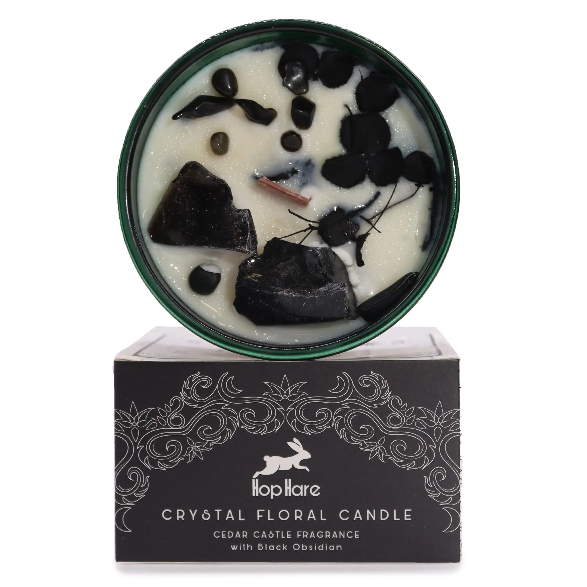  Pamperandpost Knight of Swords Crystal Candle - Black Obsidian & Cedar Castle with Tarot Card Hop Hare Crystal Magic Flower Candles