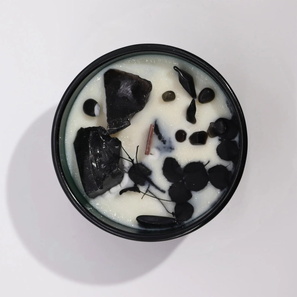  Pamperandpost Knight of Swords Crystal Candle - Black Obsidian & Cedar Castle with Tarot Card Hop Hare Crystal Magic Flower Candles