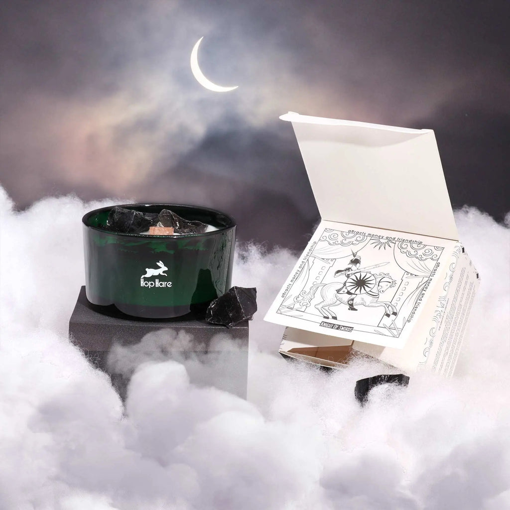  Pamperandpost Knight of Swords Crystal Candle - Black Obsidian & Cedar Castle with Tarot Card Hop Hare Crystal Magic Flower Candles