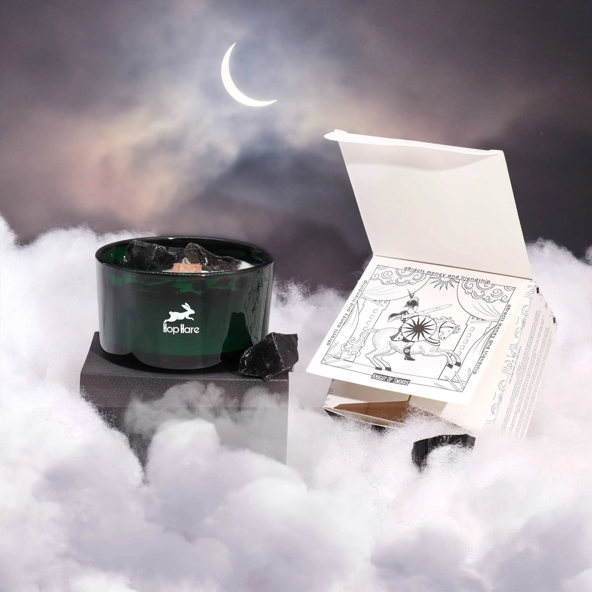  Pamperandpost Knight of Swords Crystal Candle - Black Obsidian & Cedar Castle with Tarot Card Hop Hare Crystal Magic Flower Candles