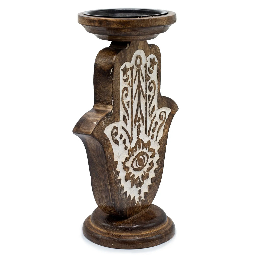  Pamperandpost Mango Wood Candle Stand - Hamsa - Large Mango Wood Candle Stands
