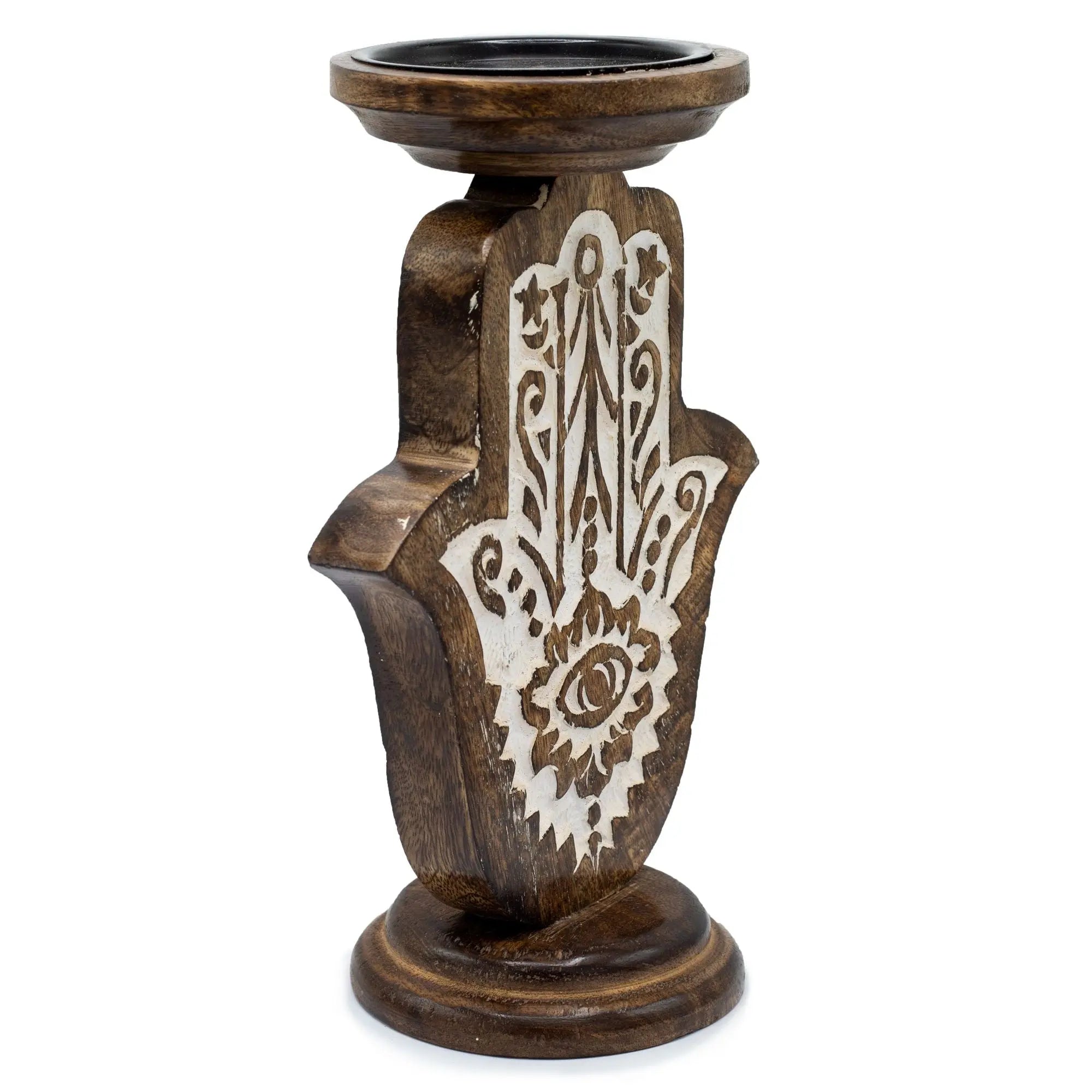  Pamperandpost Mango Wood Candle Stand - Hamsa - Large Mango Wood Candle Stands