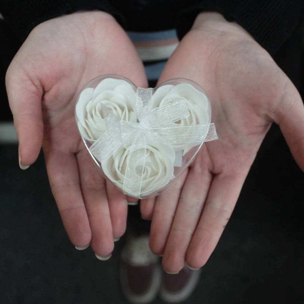  Pamperandpost Set of 3 Soap Flower Heart Box - White Luxury Soap Flowers