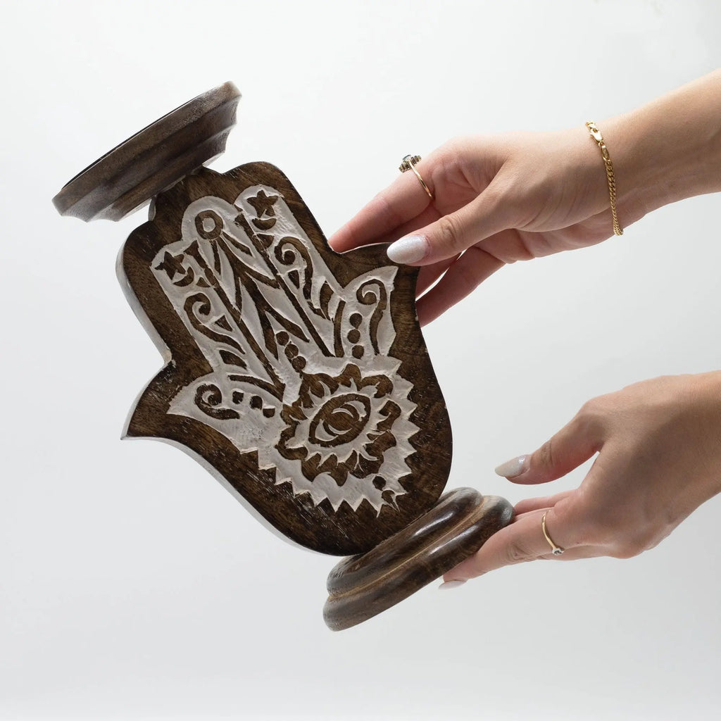  Pamperandpost Mango Wood Candle Stand - Hamsa - Large Mango Wood Candle Stands