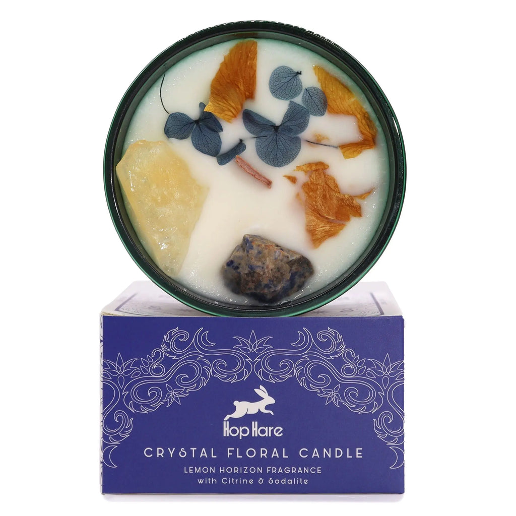  Pamperandpost The Sun Crystal Magic Candle - Citrine & Sodalite Lemon Horizon with Tarot Card Hop Hare Crystal Magic Flower Candles
