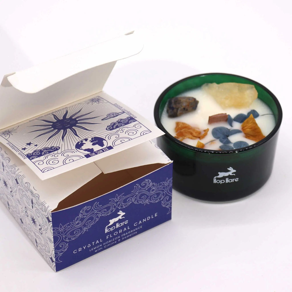  Pamperandpost The Sun Crystal Magic Candle - Citrine & Sodalite Lemon Horizon with Tarot Card Hop Hare Crystal Magic Flower Candles