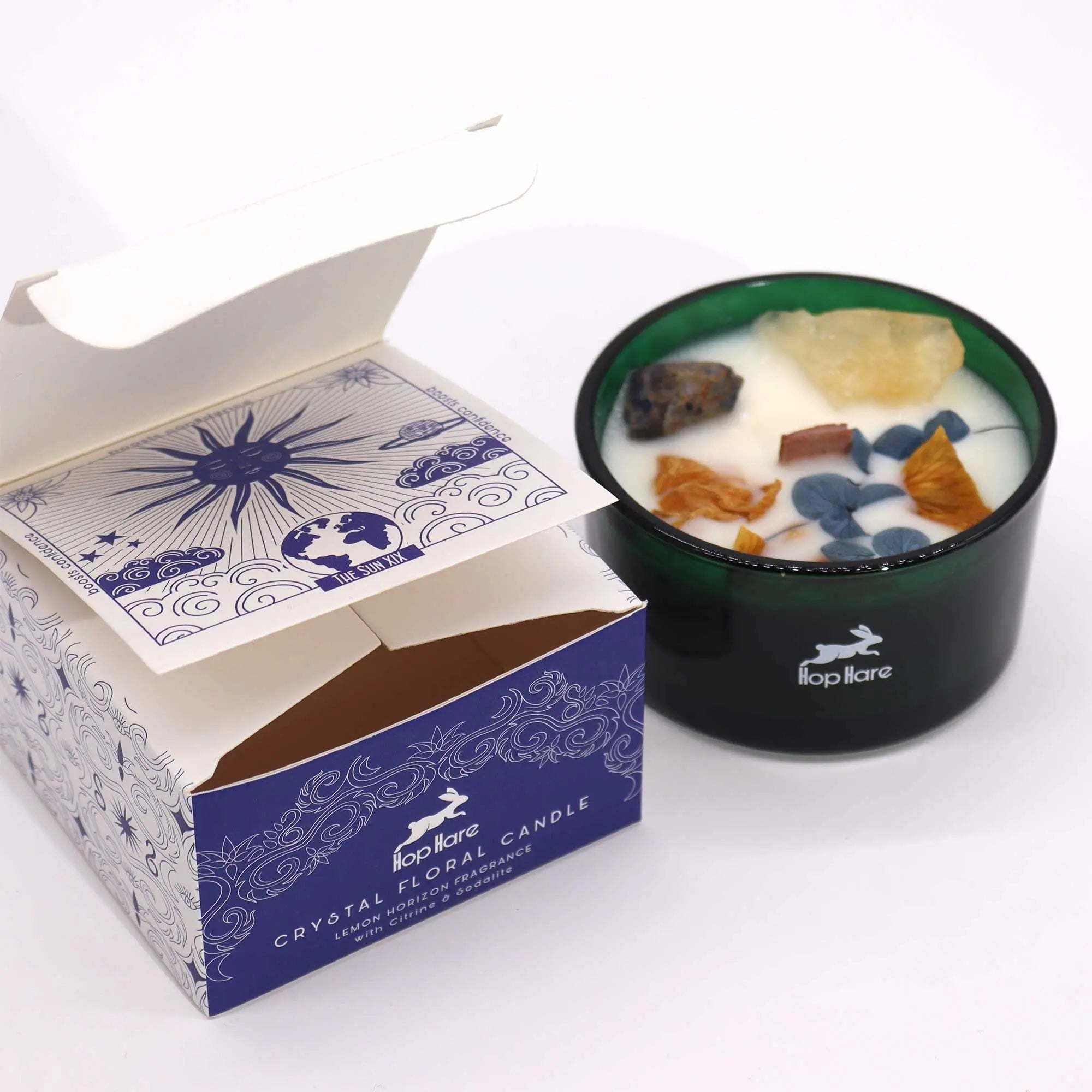  Pamperandpost The Sun Crystal Magic Candle - Citrine & Sodalite Lemon Horizon with Tarot Card Hop Hare Crystal Magic Flower Candles