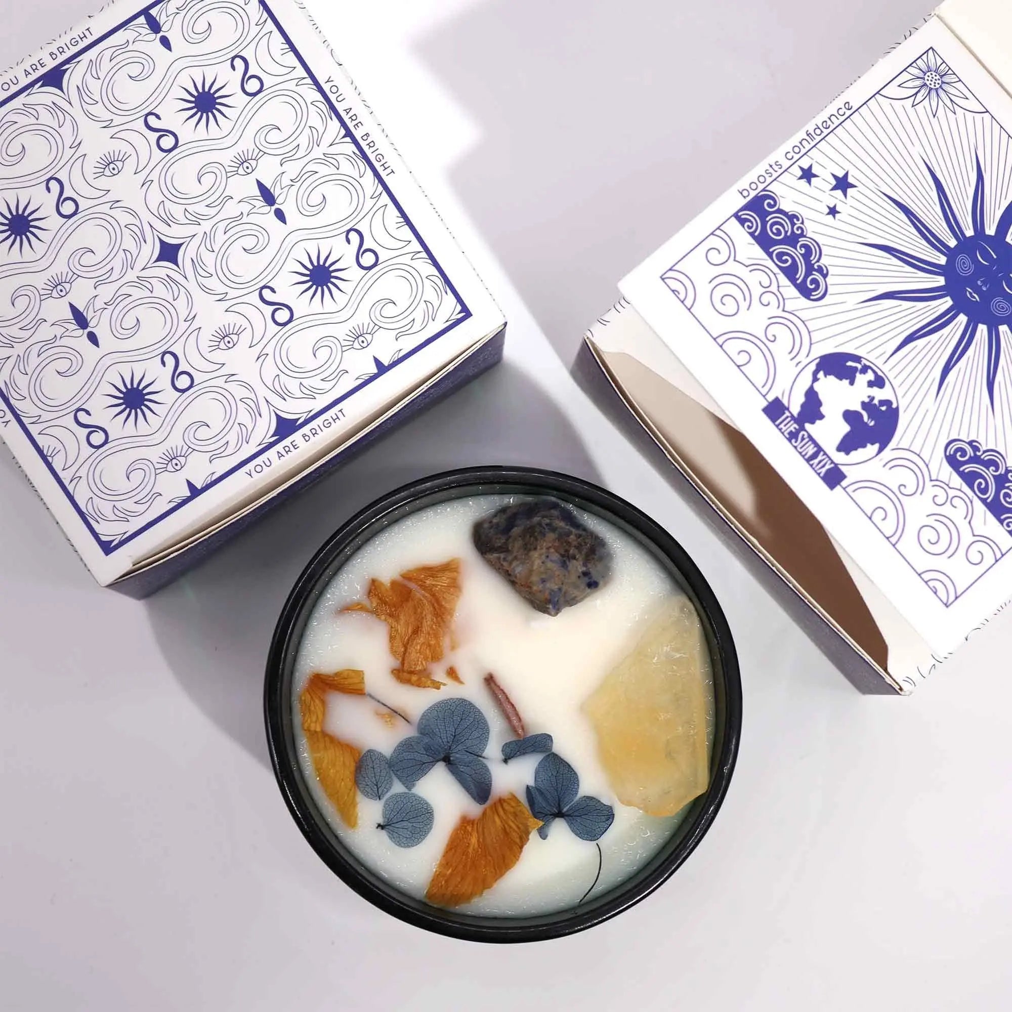  Pamperandpost The Sun Crystal Magic Candle - Citrine & Sodalite Lemon Horizon with Tarot Card Hop Hare Crystal Magic Flower Candles
