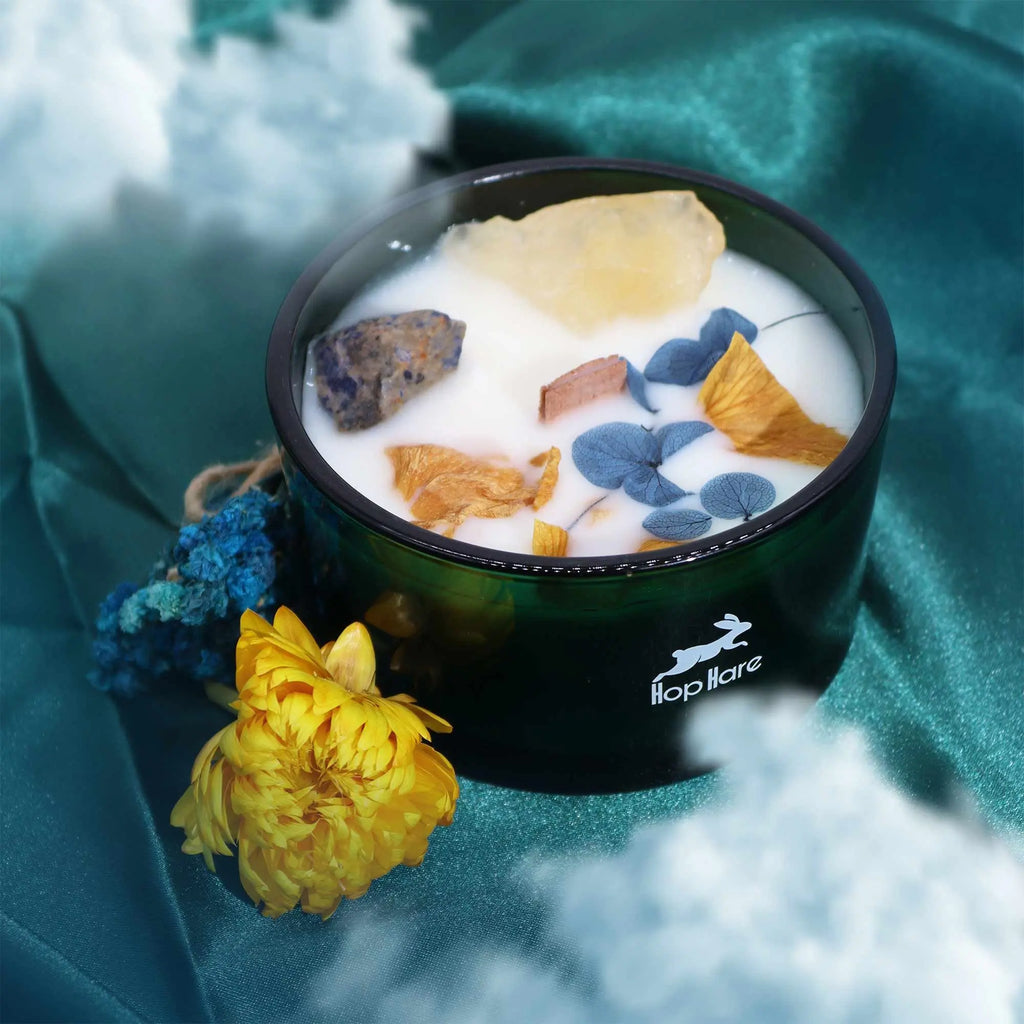  Pamperandpost The Sun Crystal Magic Candle - Citrine & Sodalite Lemon Horizon with Tarot Card Hop Hare Crystal Magic Flower Candles