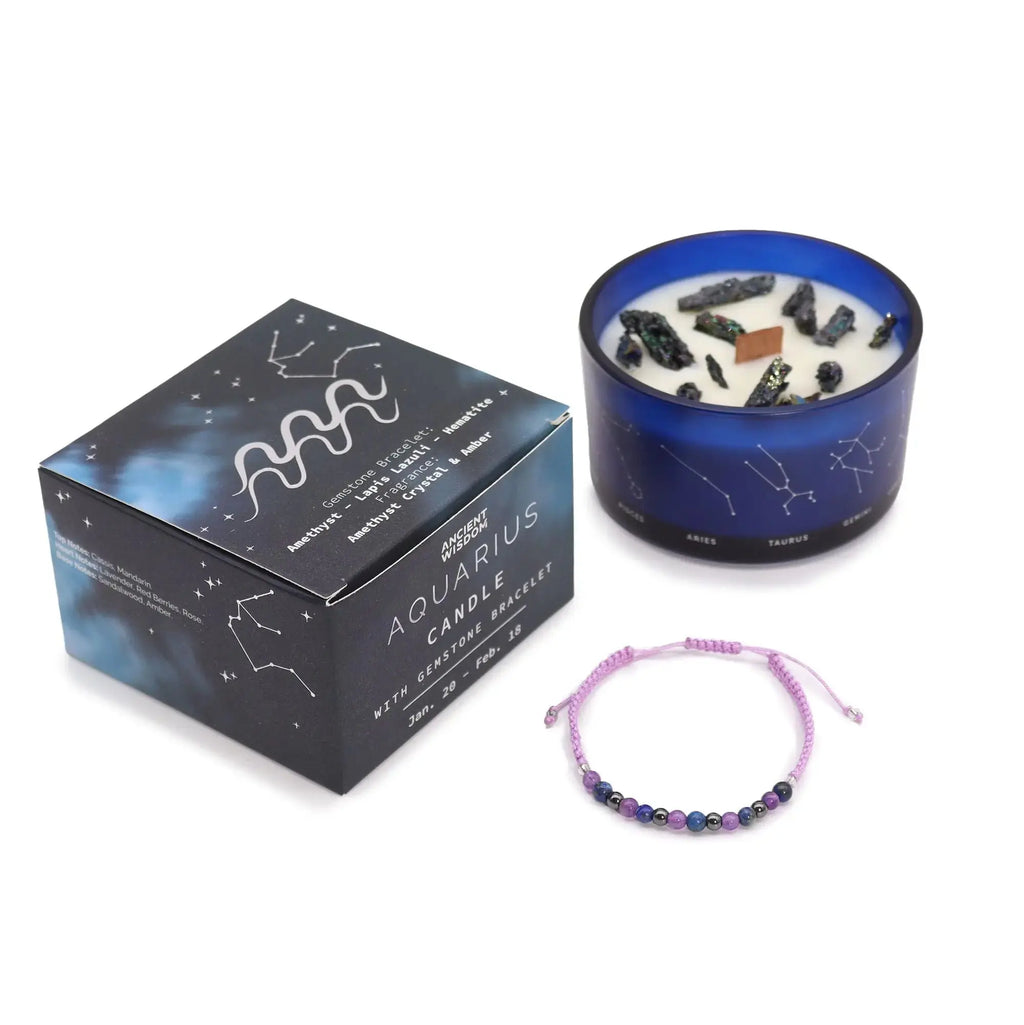  Pamperandpost Zodiac Crystal Candle with Gemstone Bracelet - Aquarious Zodiac Crystal Candles with Gemstone Bracelet