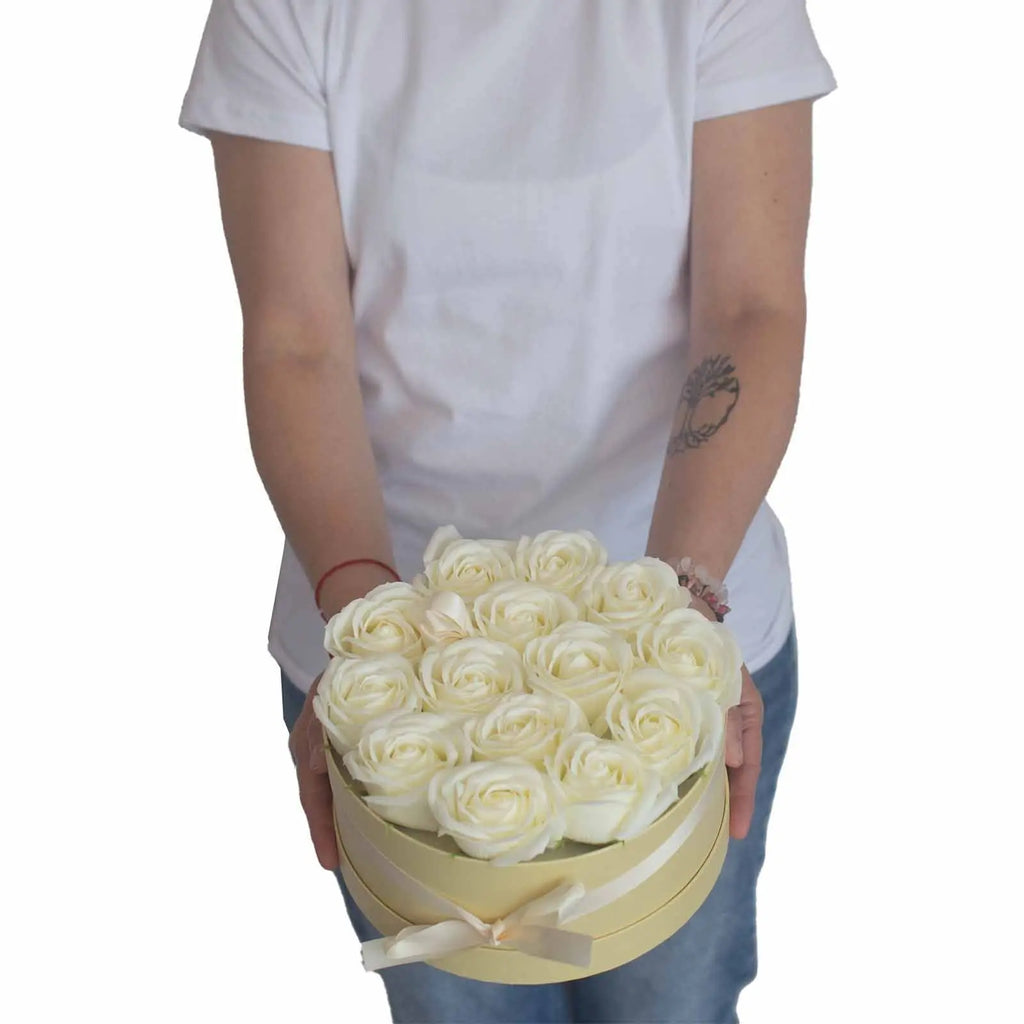 Pamperandpost Soap Flower Gift Bouquet - 13 Cream Roses - Heart