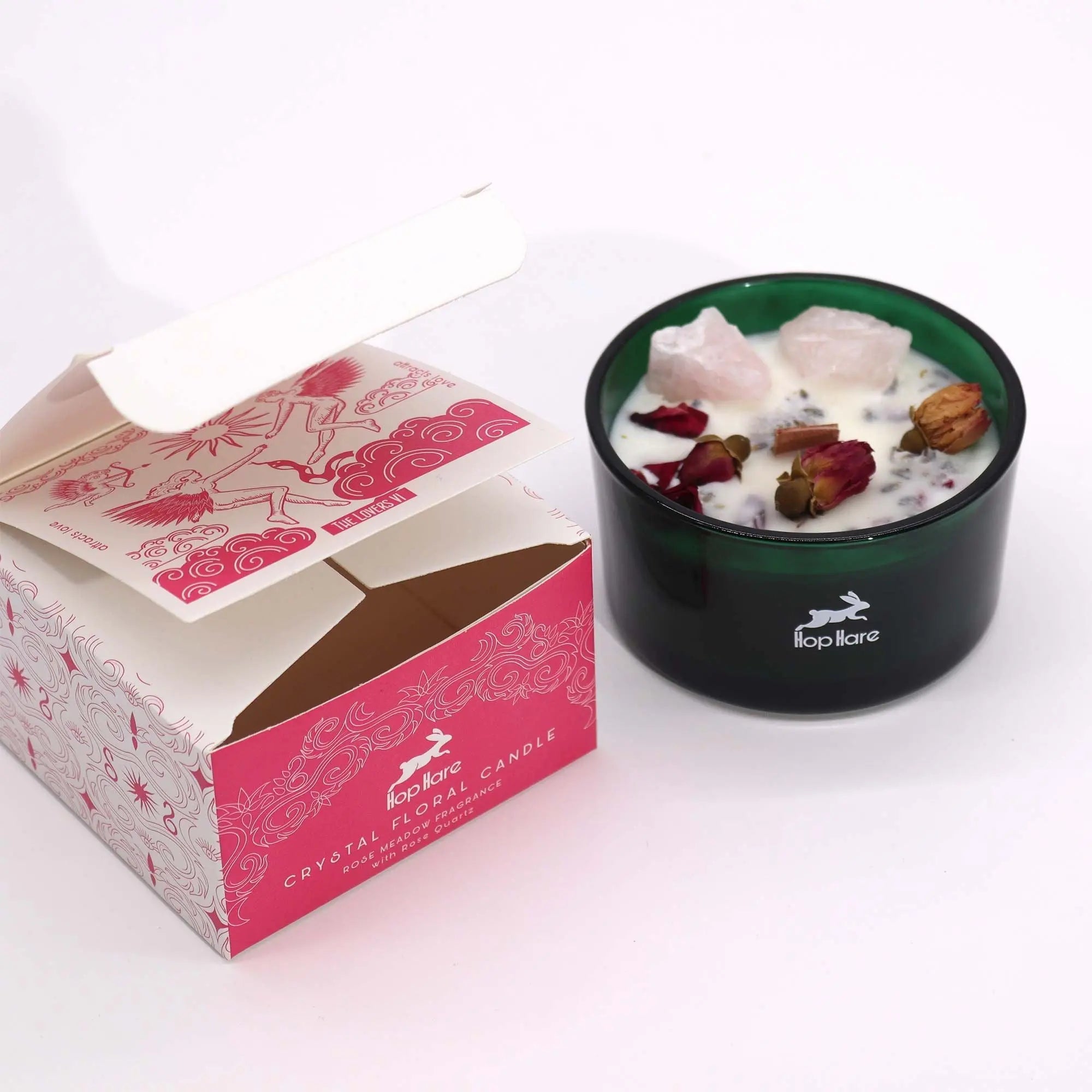  Pamperandpost The Lovers Crystal Magic Candle - Rose Quartz & Rose Meadow with Tarot Card Hop Hare Crystal Magic Flower Candles