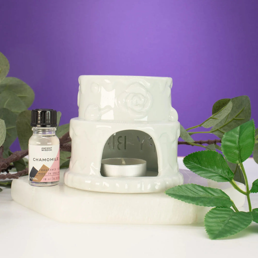  Pamperandpost Ceramic Cake Oil Burner - HAPPY BIRTHDAY - White Ceramic Zen Oil Burners