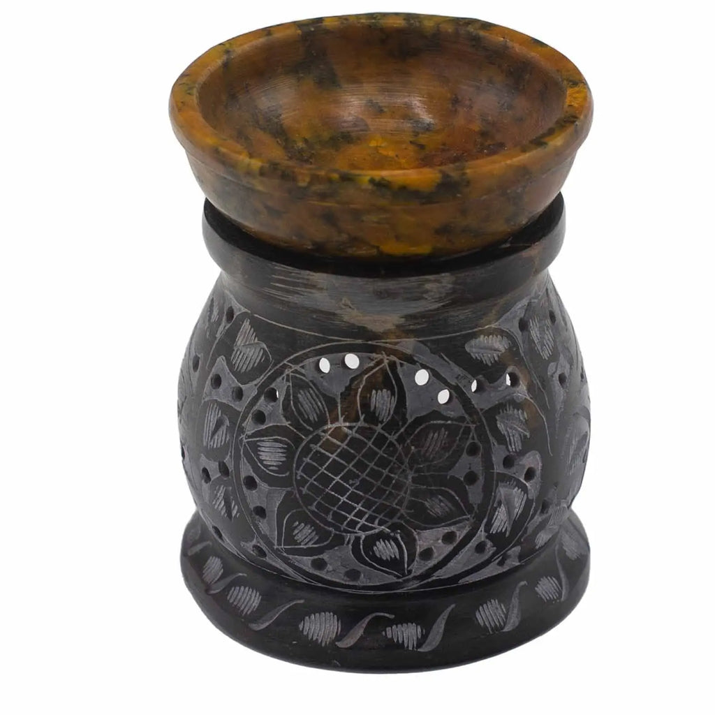  Pamperandpost Soapstone Oil Burner – Hand‑Carved Mandala Flower (Black & Yellow, 10cm) Soapstone Oil Burners