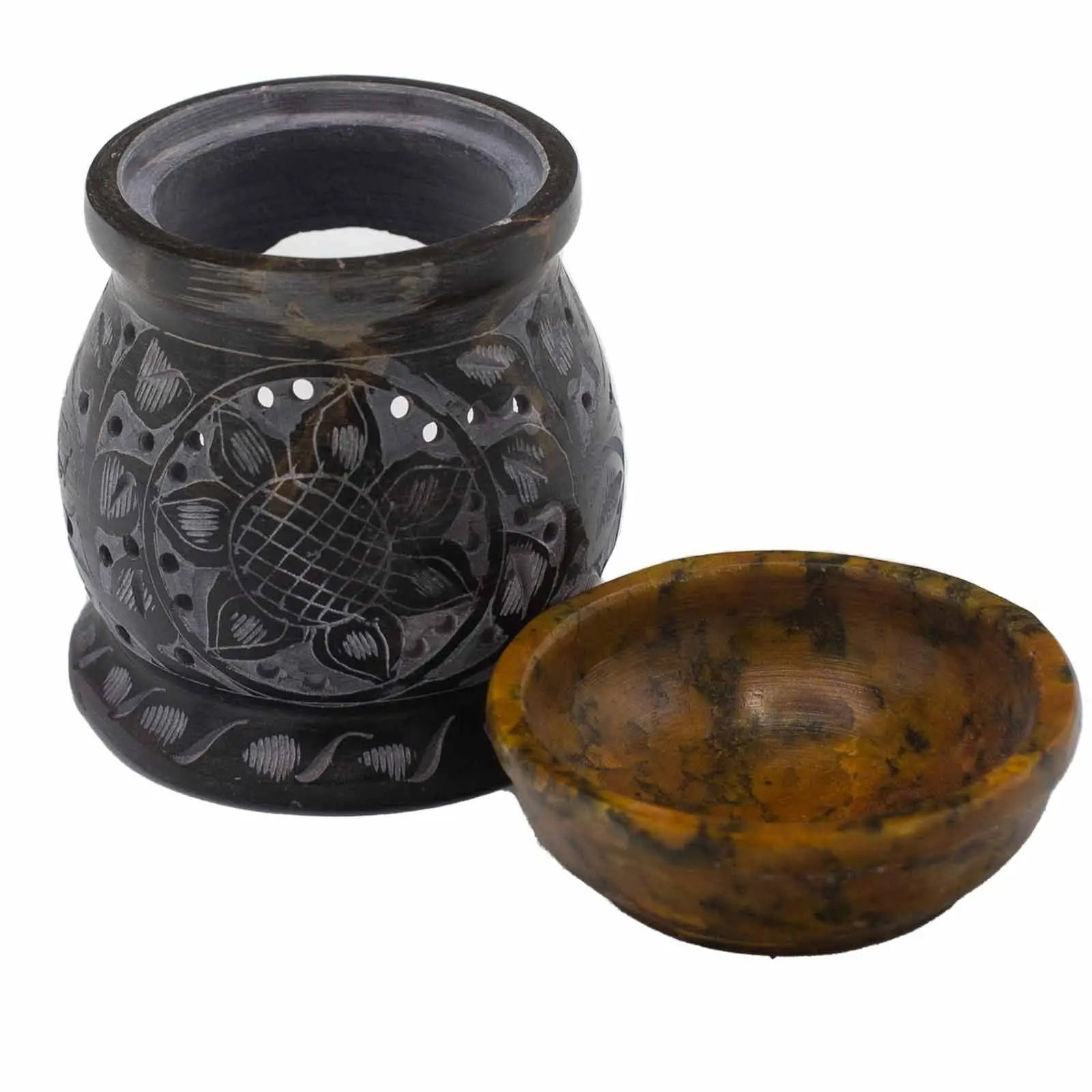  Pamperandpost Soapstone Oil Burner – Hand‑Carved Mandala Flower (Black & Yellow, 10cm) Soapstone Oil Burners