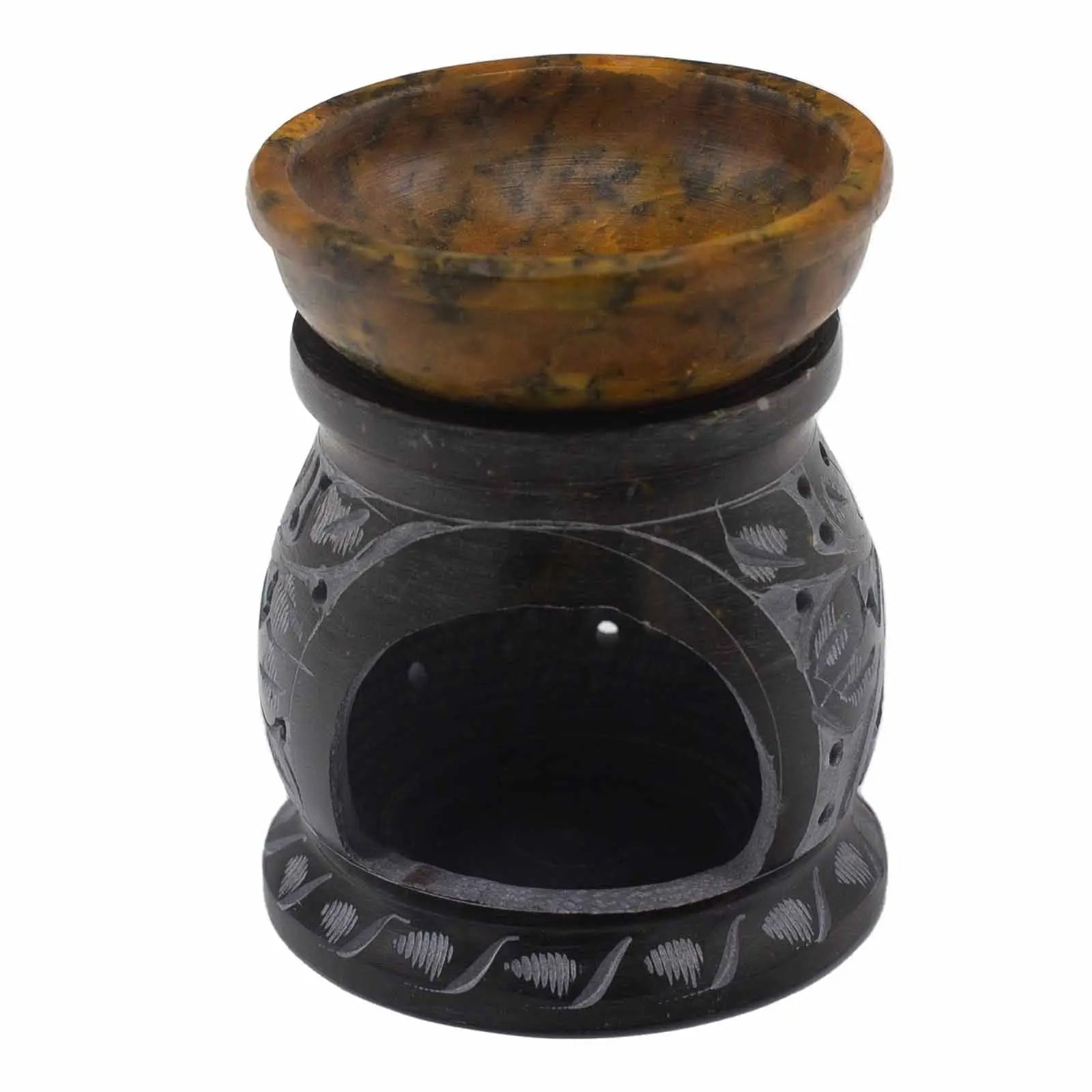  Pamperandpost Soapstone Oil Burner – Hand‑Carved Mandala Flower (Black & Yellow, 10cm) Soapstone Oil Burners