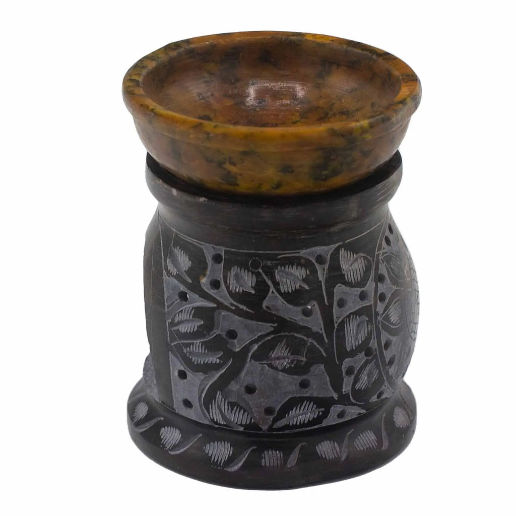  Pamperandpost Soapstone Oil Burner – Hand‑Carved Mandala Flower (Black & Yellow, 10cm) Soapstone Oil Burners