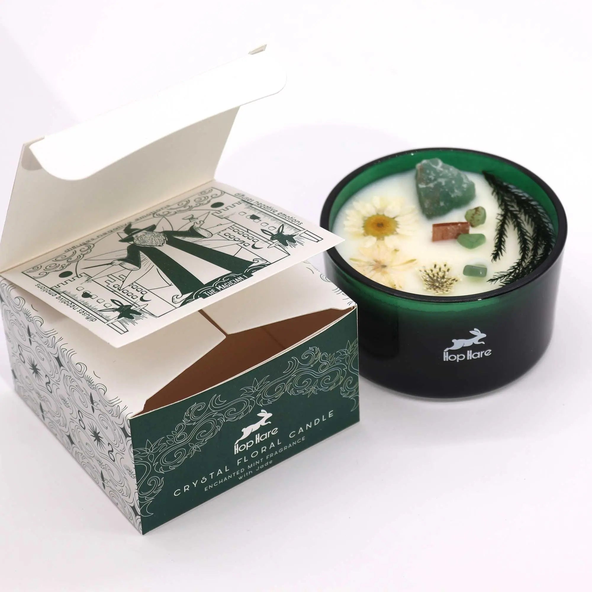  Pamperandpost The Magician Crystal Magic Candle - Jade & Enchanted Mint with Tarot Card Hop Hare Crystal Magic Flower Candles