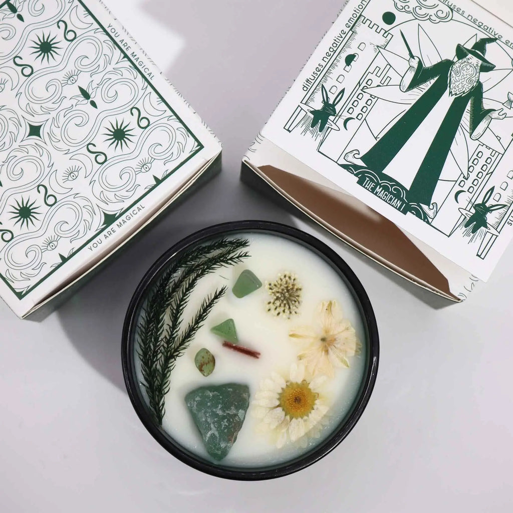  Pamperandpost The Magician Crystal Magic Candle - Jade & Enchanted Mint with Tarot Card Hop Hare Crystal Magic Flower Candles