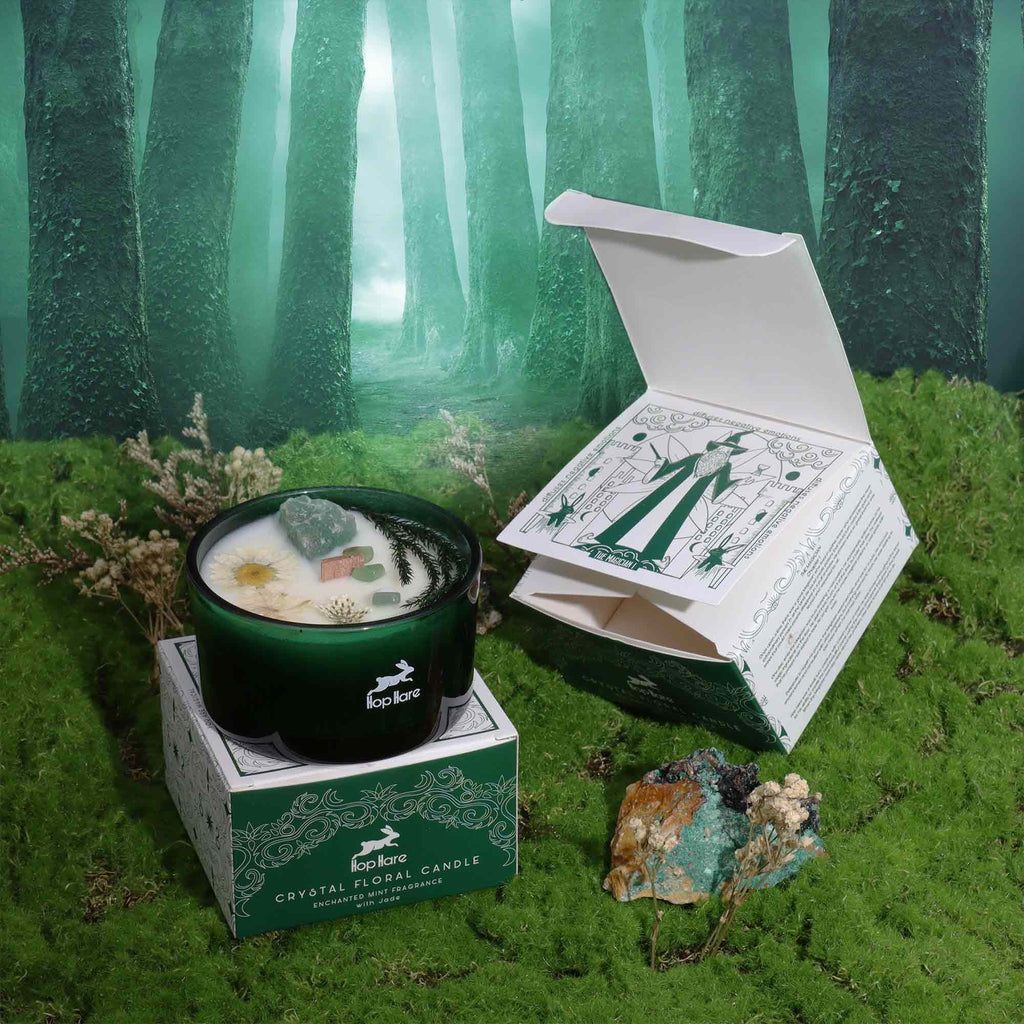  Pamperandpost The Magician Crystal Magic Candle - Jade & Enchanted Mint with Tarot Card Hop Hare Crystal Magic Flower Candles
