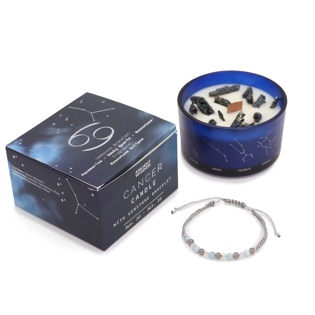 Zodiac Crystal Candle with Gemstone Bracelet - Cancer AW Dropship UK
