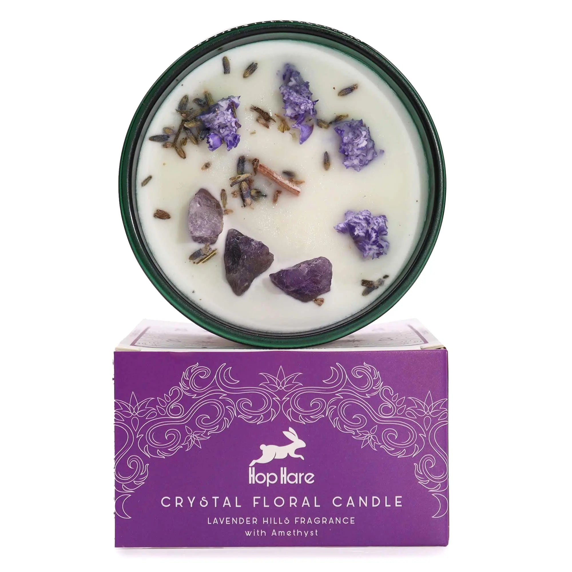  Pamperandpost The Moon Crystal Magic Candle - Amethyst & Lavender Hills with Tarot Card Hop Hare Crystal Magic Flower Candles