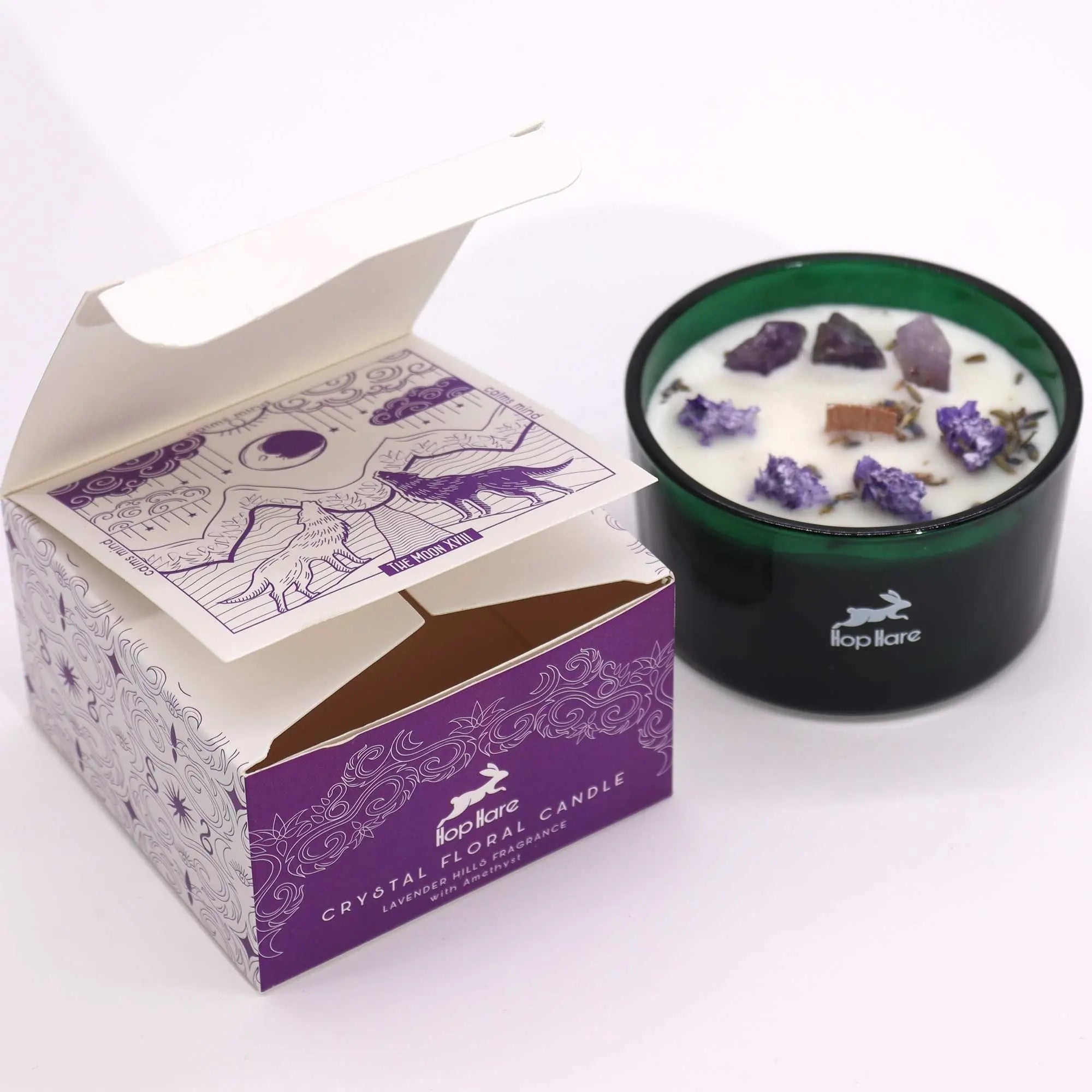  Pamperandpost The Moon Crystal Magic Candle - Amethyst & Lavender Hills with Tarot Card Hop Hare Crystal Magic Flower Candles