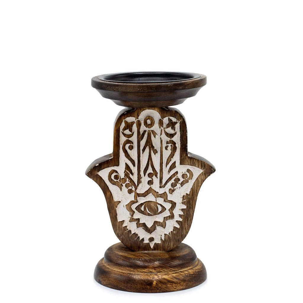 Pamperandpost Mango Wood Candle Stand - Hamsa - Small