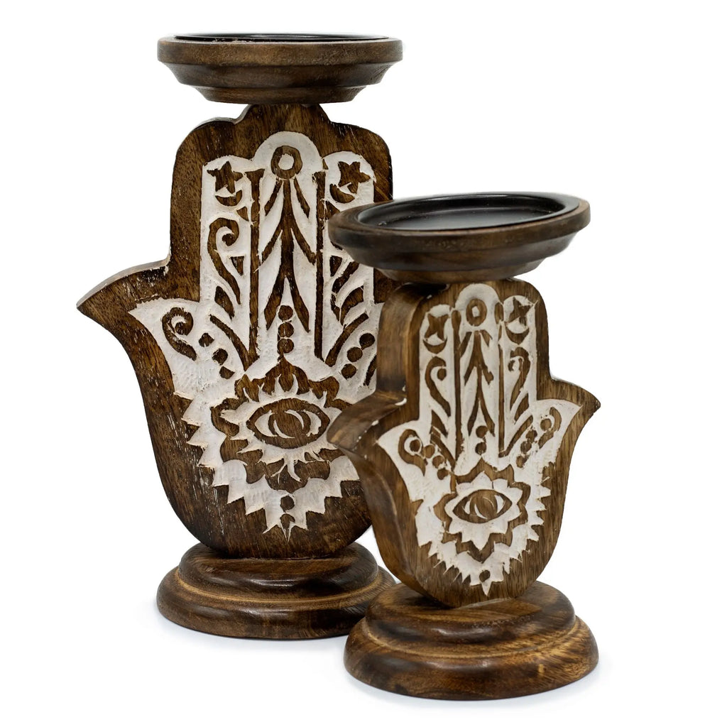 Pamperandpost Mango Wood Candle Stand - Hamsa - Small