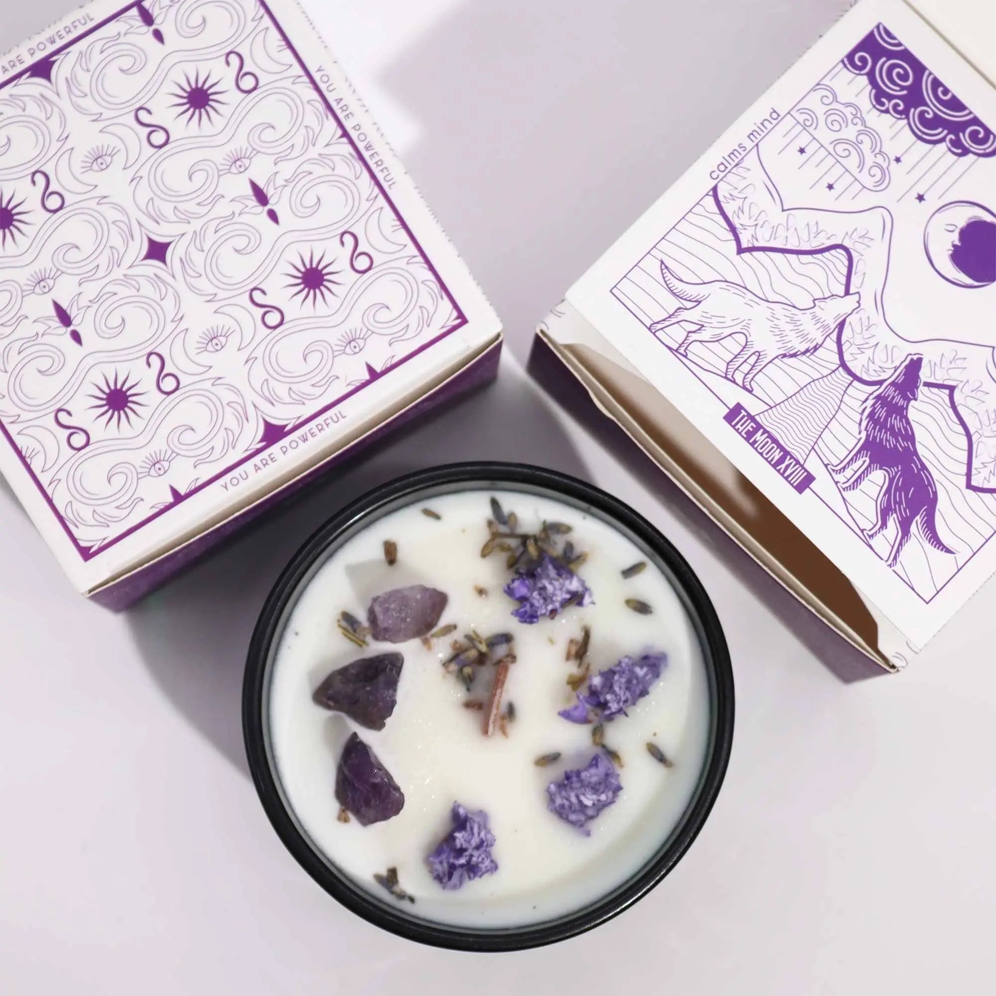  Pamperandpost The Moon Crystal Magic Candle - Amethyst & Lavender Hills with Tarot Card Hop Hare Crystal Magic Flower Candles