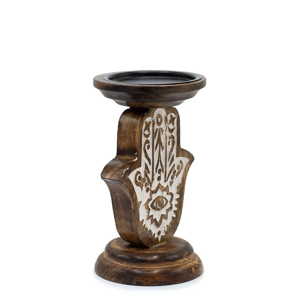 Pamperandpost Mango Wood Candle Stand - Hamsa - Small