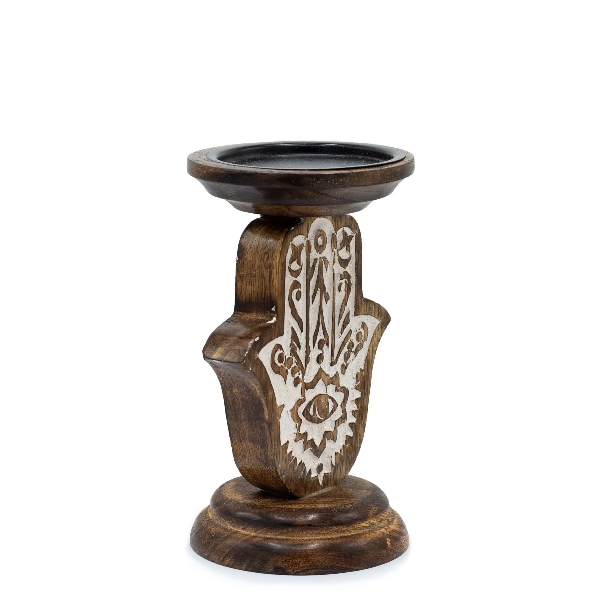 Pamperandpost Mango Wood Candle Stand - Hamsa - Small