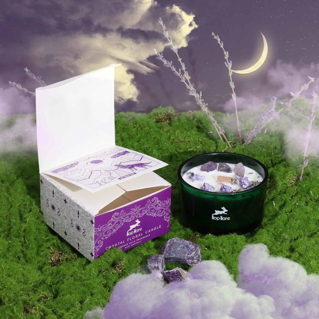  Pamperandpost The Moon Crystal Magic Candle - Amethyst & Lavender Hills with Tarot Card Hop Hare Crystal Magic Flower Candles