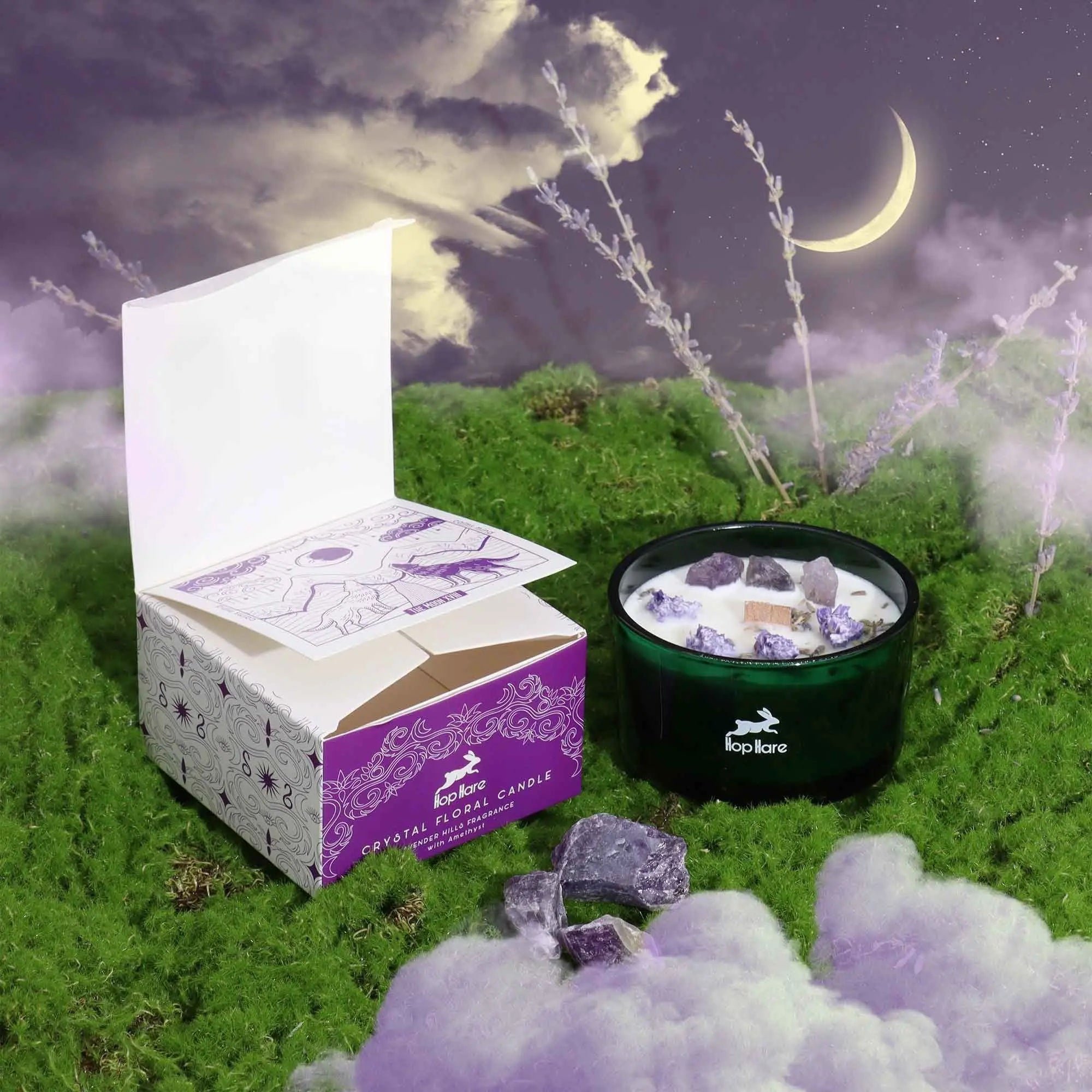  Pamperandpost The Moon Crystal Magic Candle - Amethyst & Lavender Hills with Tarot Card Hop Hare Crystal Magic Flower Candles