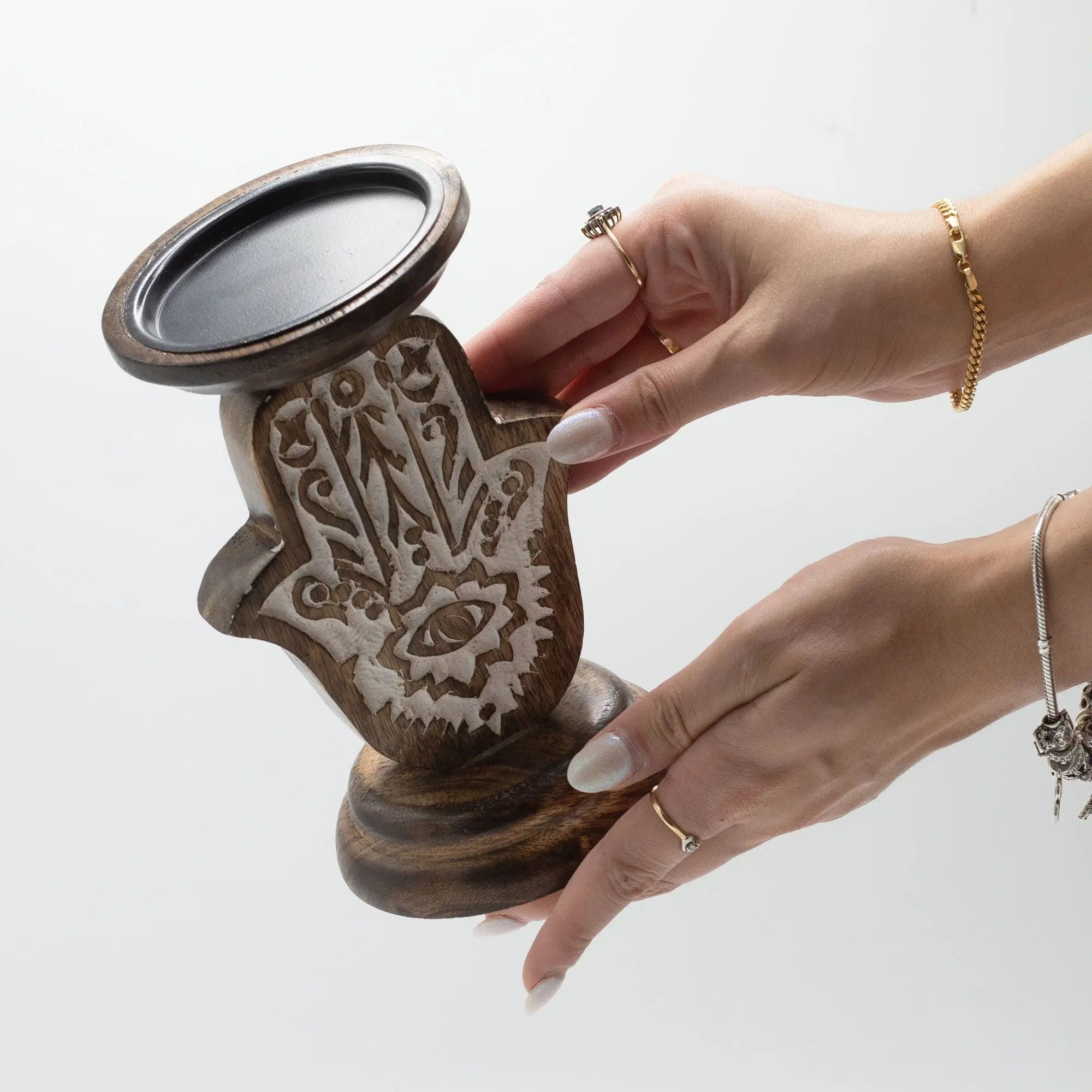 Pamperandpost Mango Wood Candle Stand - Hamsa - Small
