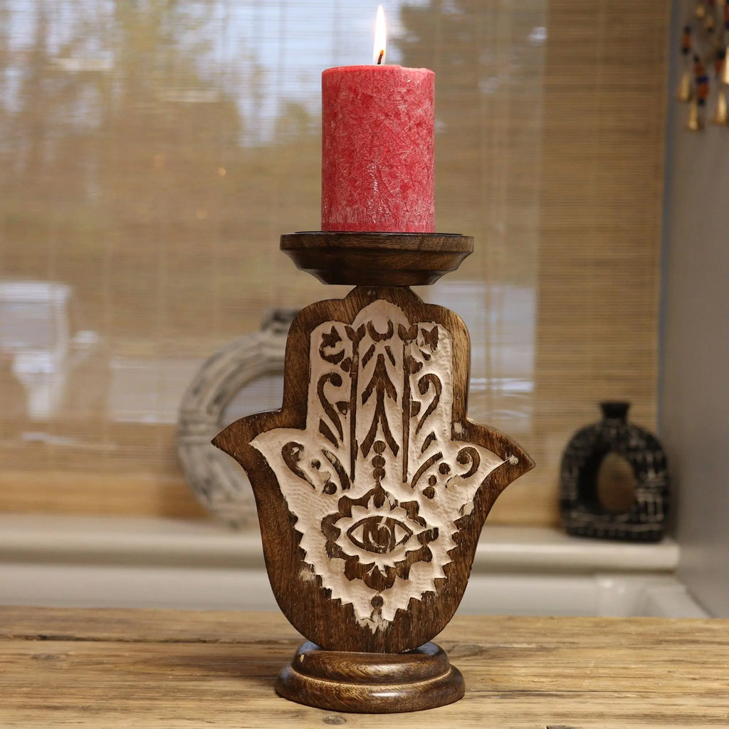 Pamperandpost Mango Wood Candle Stand - Hamsa - Small