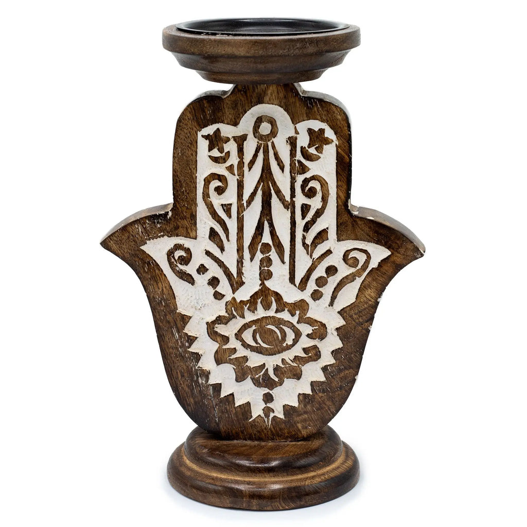  Pamperandpost Mango Wood Candle Stand - Hamsa - Large Mango Wood Candle Stands