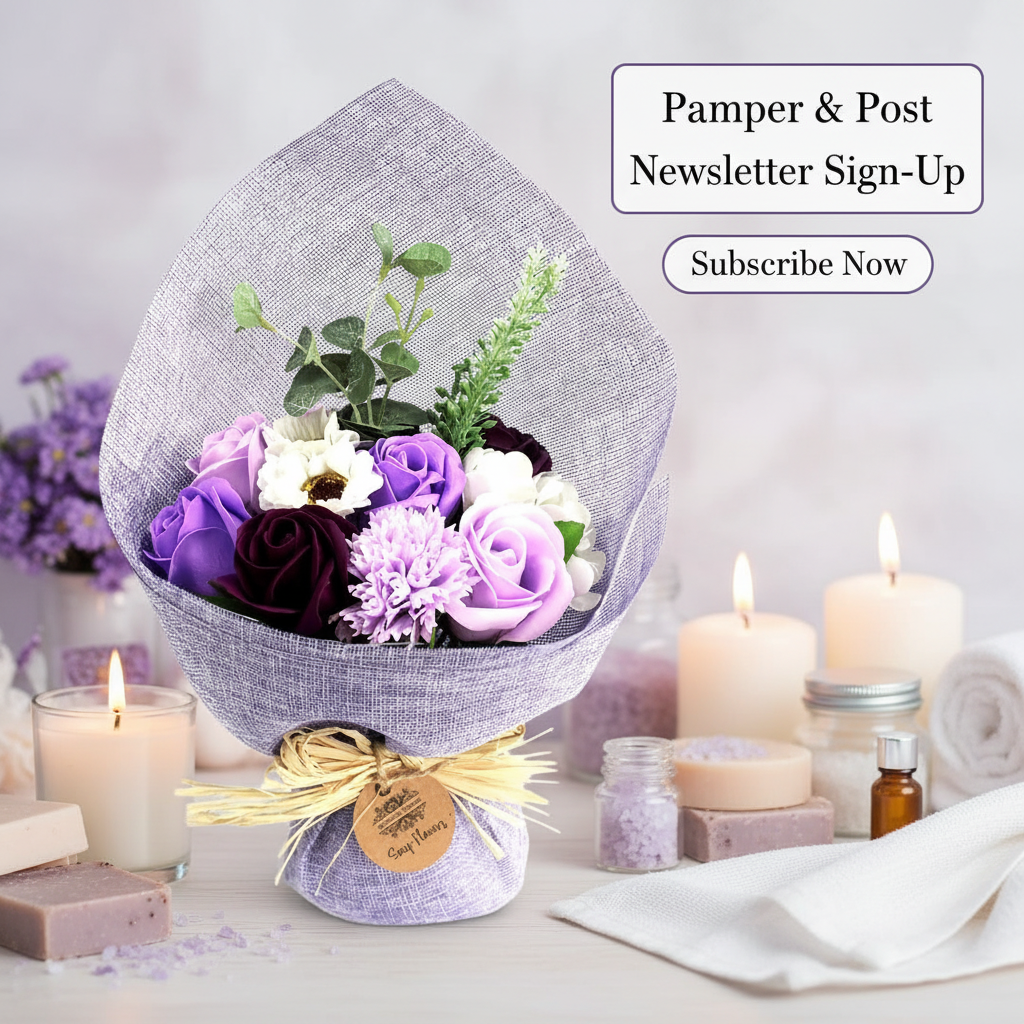 Standing Purple Soap Flower Bouquet ad